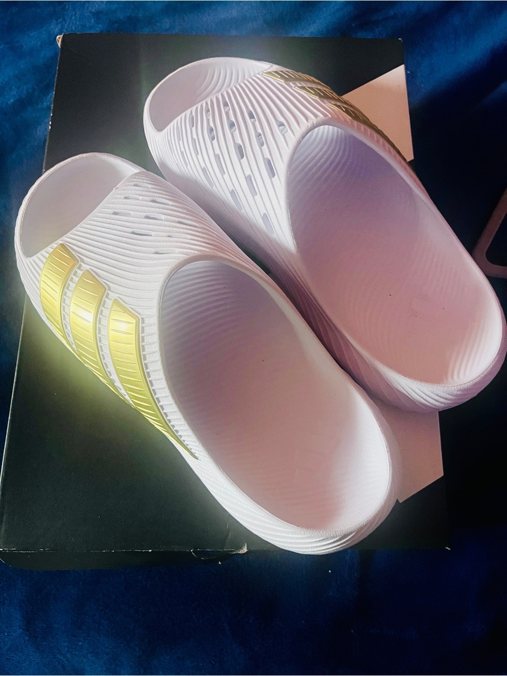 adidas White Slip-On Slides with Yellow Stripes